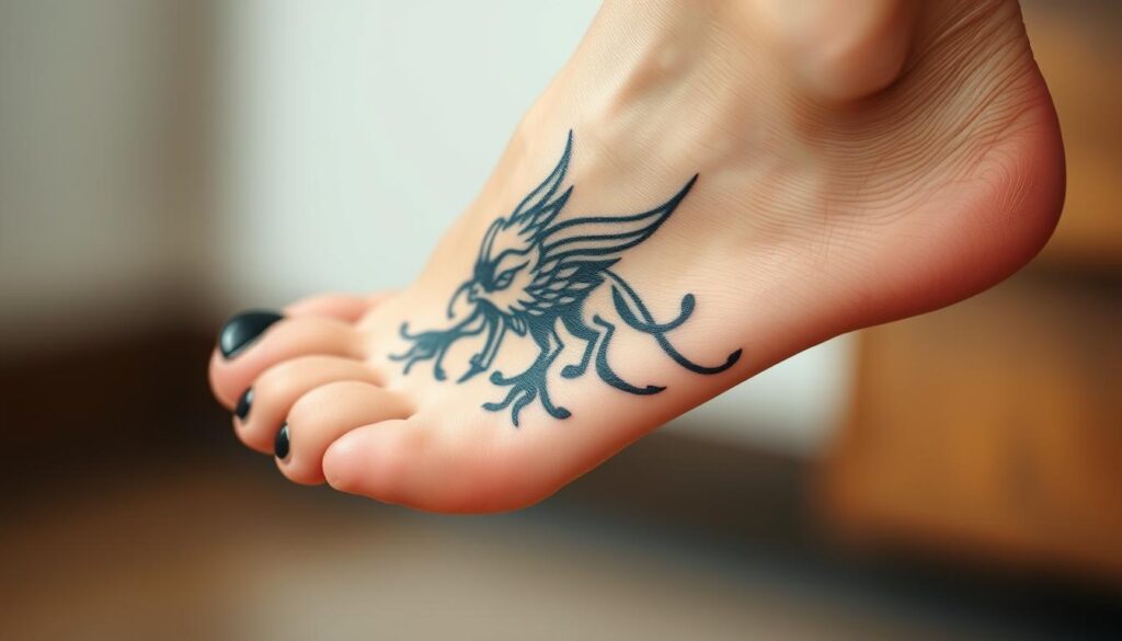 Generate an image of a woman's foot with a beautiful animal design tattoo.