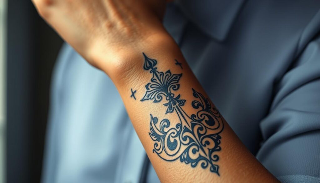 Generate an image of a woman's wrist with an elegant tattoo design.