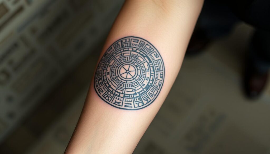 Generate an image of an Aztec Calendar Stone tattoo on the forearm, featuring intricate concentric circles.