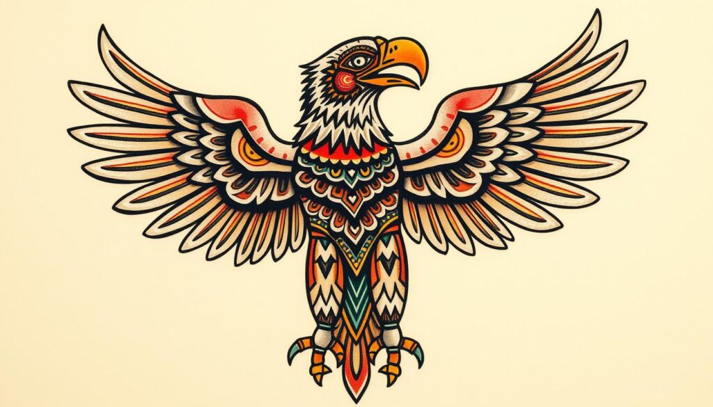 Generate an image of an Aztec eagle tattoo with the bird facing west and its beak open.