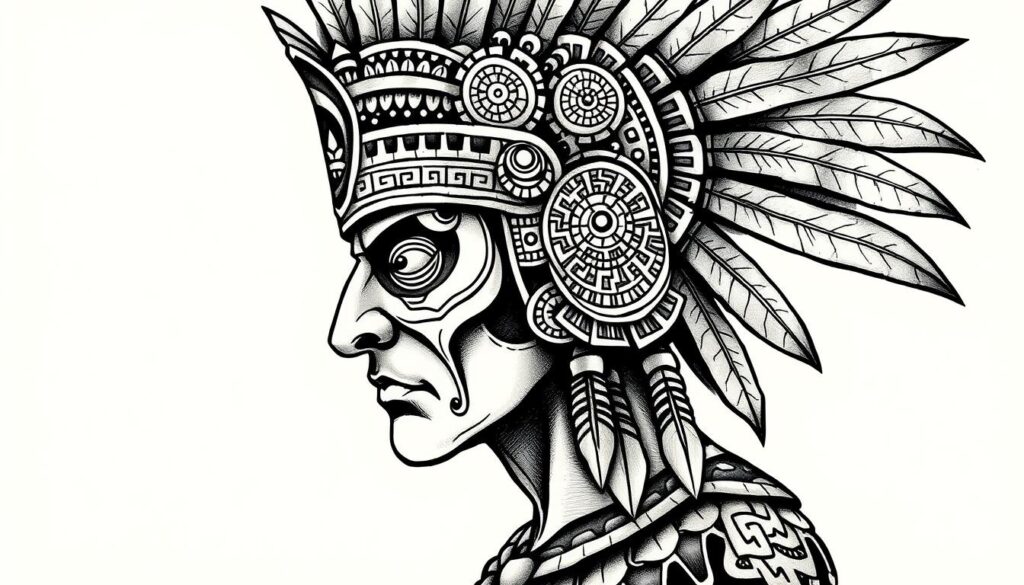 Generate an image of an Aztec warrior tattoo with elaborate headdresses and symbolic elements.