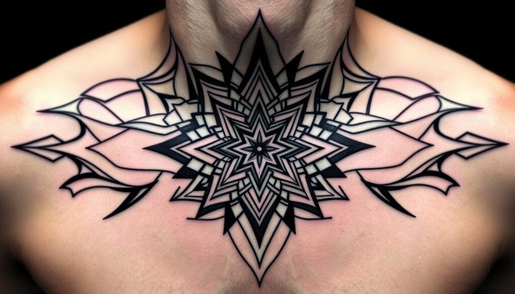 Generate an image of an abstract geometric neck tattoo design