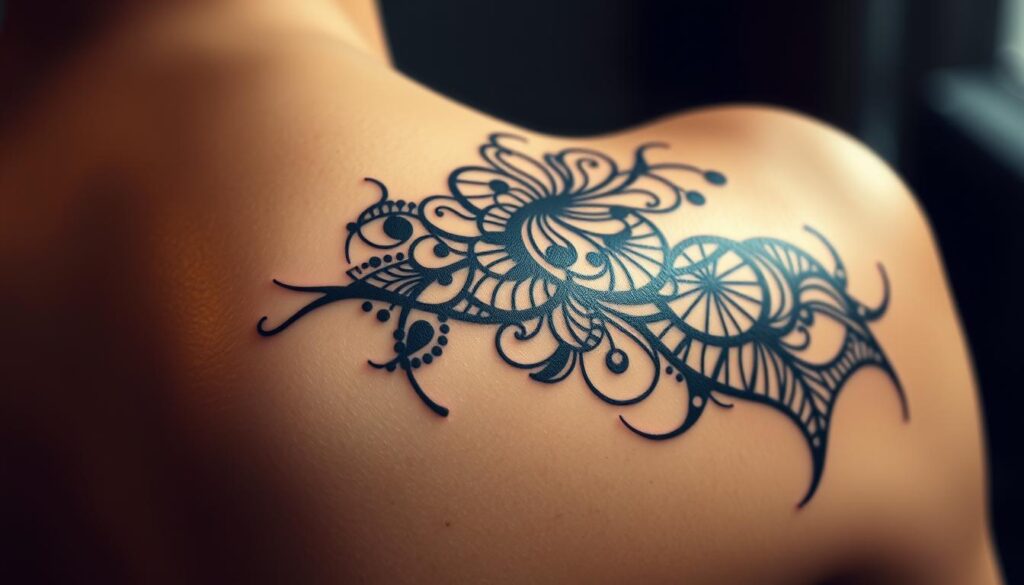 Generate an image of an abstract tattoo design on the shoulder