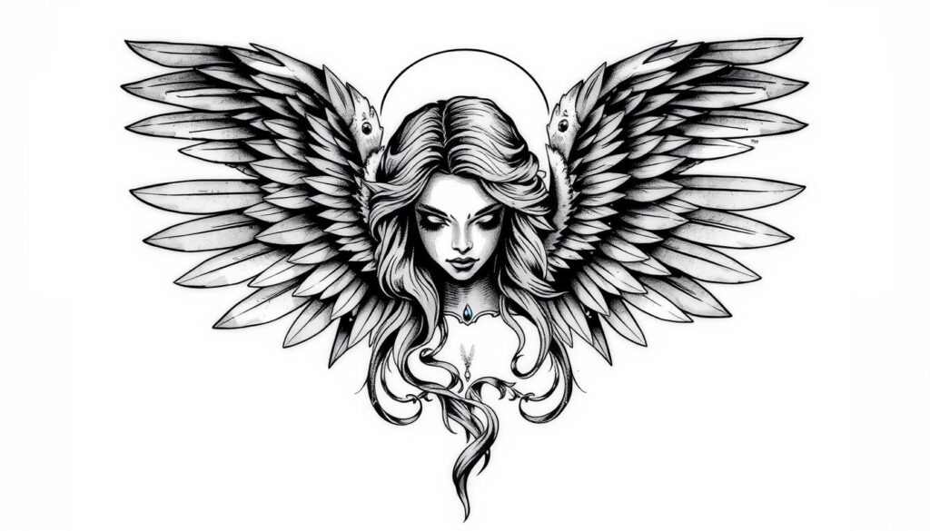 Generate an image of an angel tattoo design.