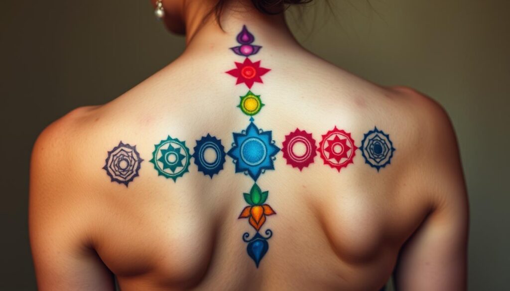 Generate an image of an elegant chakra tattoo design on a woman's spine, incorporating all seven chakra symbols in their traditional rainbow colors.