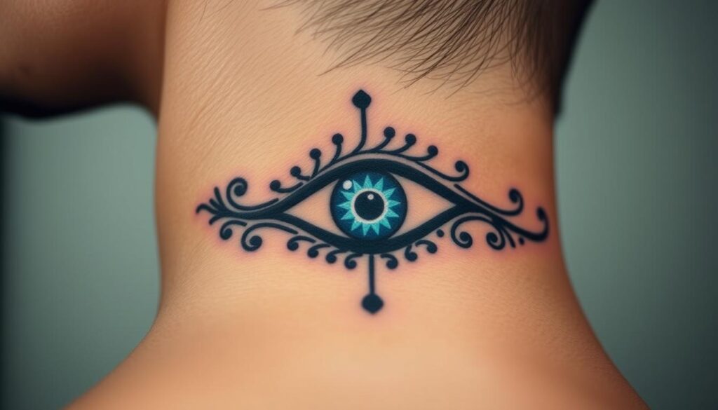 Generate an image of an evil eye tattoo on the neck, incorporating traditional blue and white patterns.