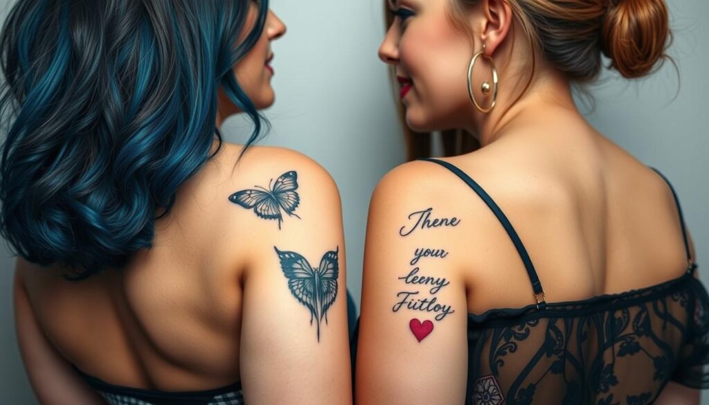 Generate an image of best friend matching naked women tattoos
