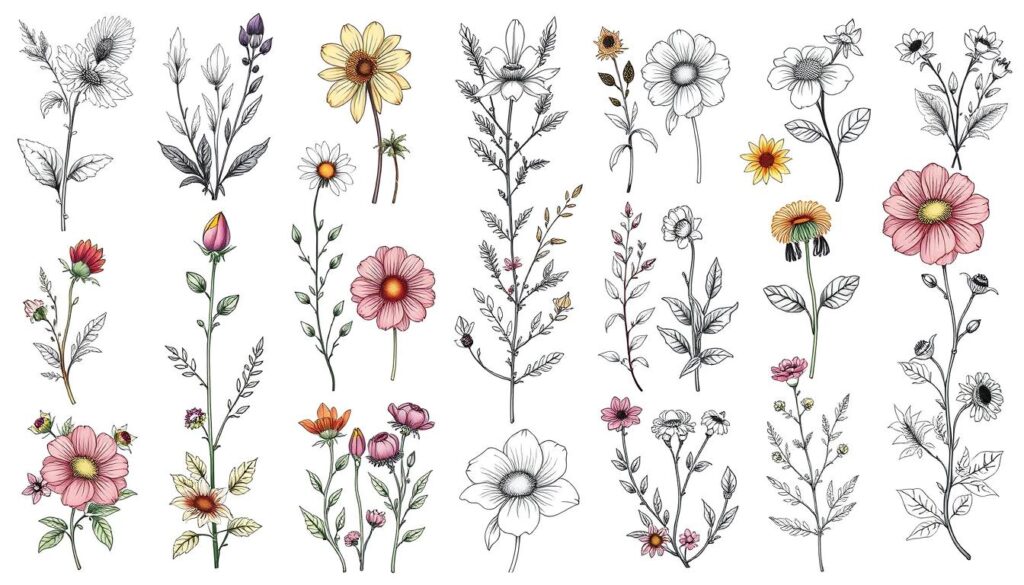 Generate an image of botanical tattoo designs