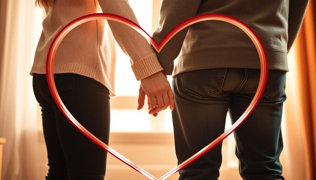 Generate an image of couple holding hands with a heart surrounding them