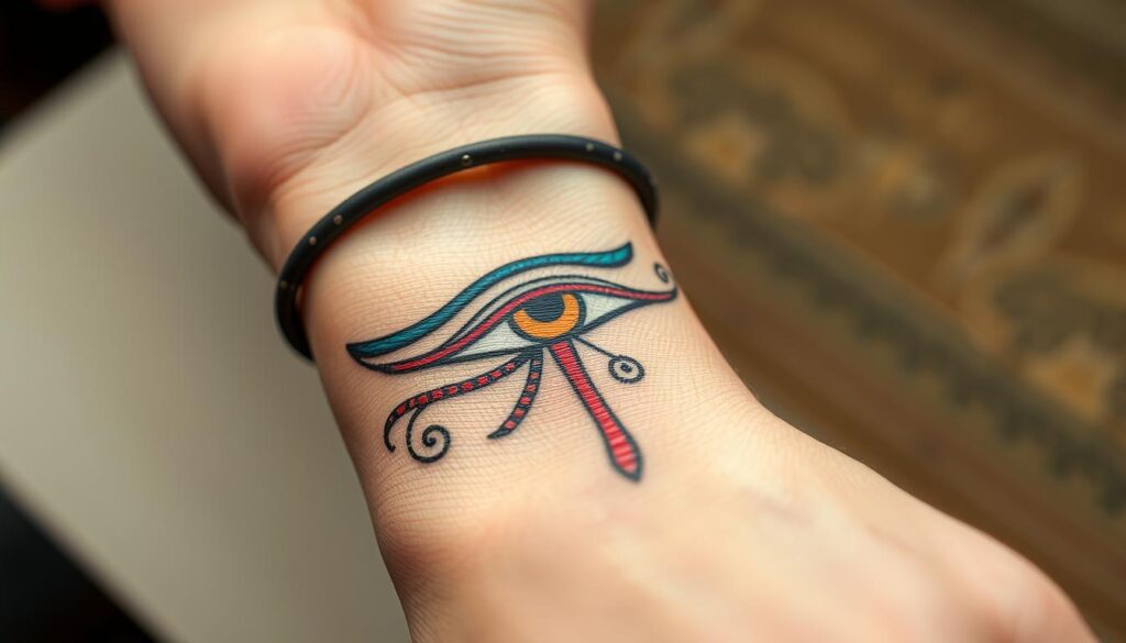 Generate an image of the Eye of Horus tattoo on a person's wrist, symbolizing protection and healing.