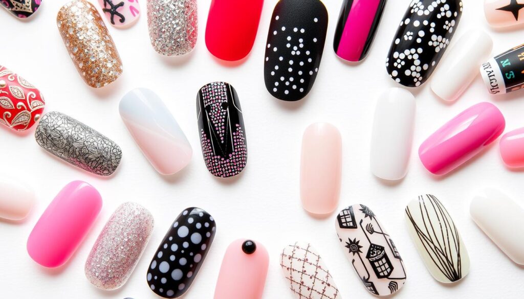 High-quality, detailed close-up shot of various press-on nail designs in a flat lay arrangement on a clean, bright white background. Nails should feature a variety of patterns, colors, and textures, such as solid colors, glitter, metallic accents, and intricate nail art. Lighting should be soft and diffused to showcase the nail designs clearly. Capture the diverse aesthetic and versatility of press-on nails to illustrate the "Understanding Press-On Nails" section.