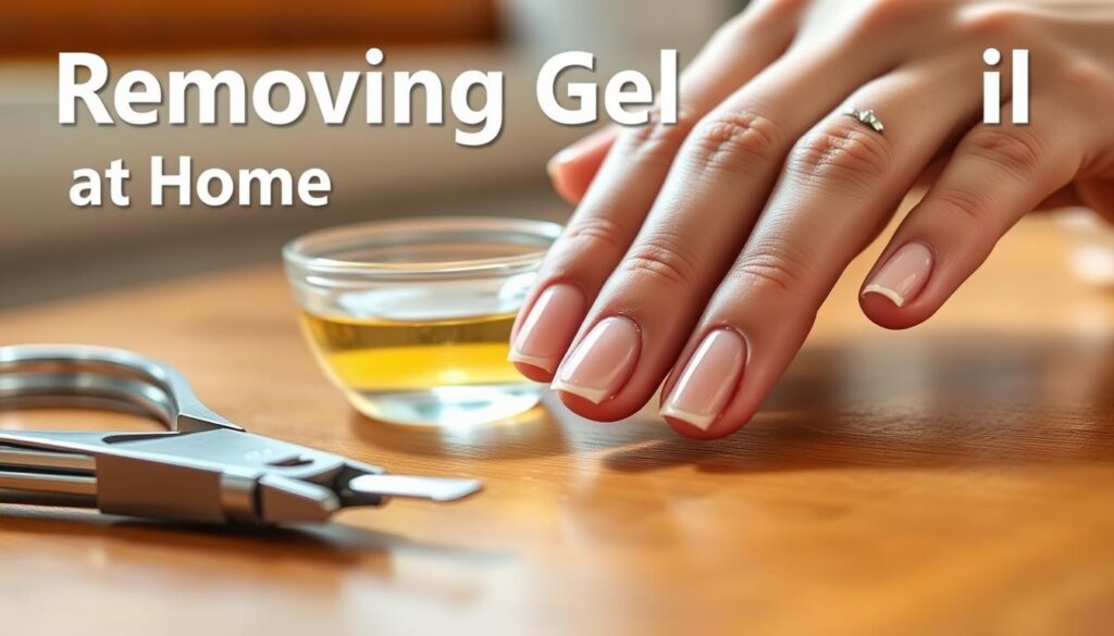 High-quality, detailed image of the step-by-step process of removing gel nails at home. A close-up view of a hand resting on a wooden surface, with the nails in focus. In the foreground, a set of nail clippers, a file, and a small bowl of acetone remover. In the middle ground, the fingers slowly peeling off the gel nail polish, revealing the natural nail beneath. The background is softly blurred, creating a calming and focused atmosphere. Warm, natural lighting casts a gentle glow, highlighting the textures and colors. Captured with a shallow depth of field using a macro lens, emphasizing the intricate details of the nail removal process. High-quality, detailed image of the step-by-step process of removing gel nails at home. A close-up view of a hand resting on a wooden surface, with the nails in focus. In the foreground, a set of nail clippers, a file, and a small bowl of acetone remover. In the middle ground, the fingers slowly peeling off the gel nail polish, revealing the natural nail beneath. The background is softly blurred, creating a calming and focused atmosphere. Warm, natural lighting casts a gentle glow, highlighting the textures and colors. Captured with a shallow depth of field using a macro lens, emphasizing the intricate details of the nail removal process.