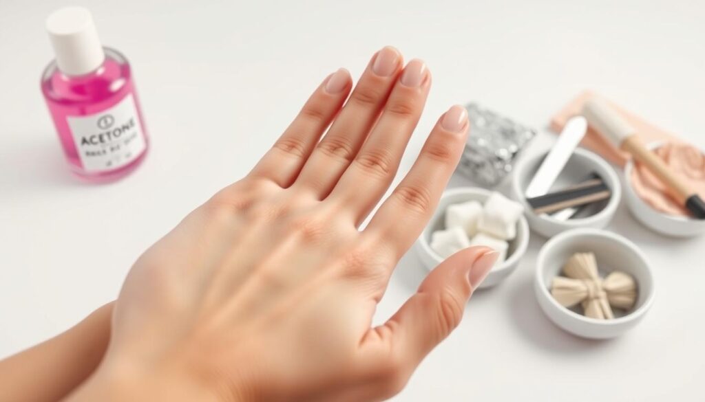 High-quality, hyper-realistic image of a step-by-step guide demonstrating the process of gel nail polish removal. Bright, well-lit studio scene with a clean, minimalist background. In the foreground, a woman's hands are shown, palm up, with neatly manicured nails. The middle ground features several small bowls or dishes containing various nail care products - acetone, cotton balls, aluminum foil, nail files, etc. The scene is shot from a slightly high angle, creating a sense of order and organization. The lighting is soft and diffused, highlighting the textures and details of the hands and products. The overall mood is informative, educational, and visually appealing, perfectly suited to illustrate the "Step-by-Step Guide: how to remove gel nails at home" section of the article.