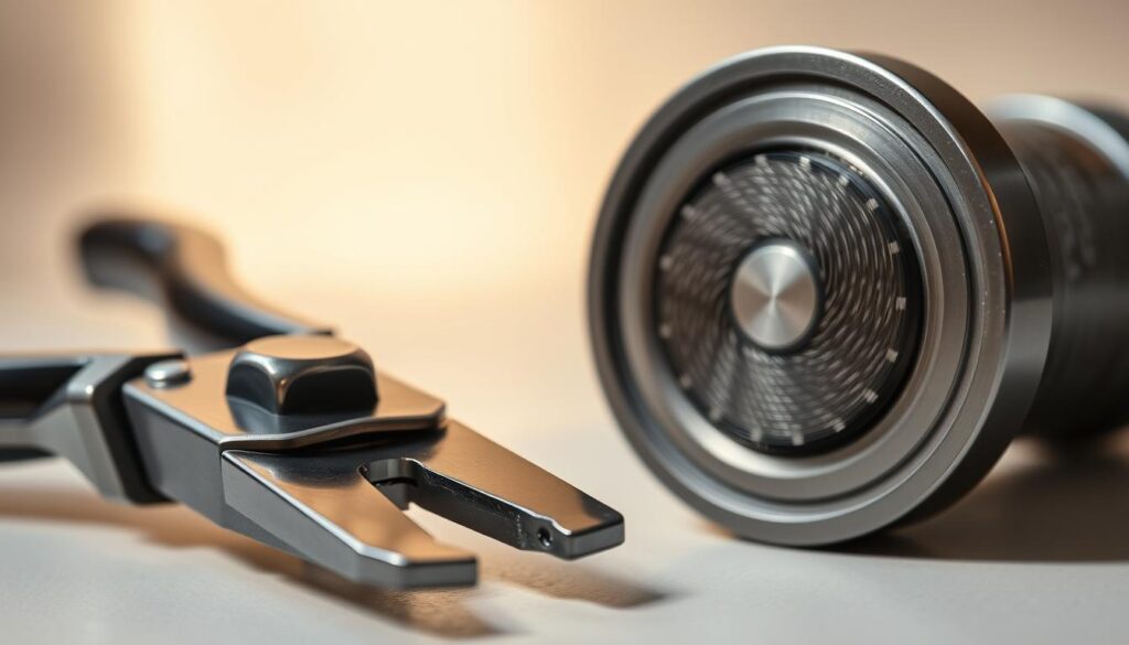 High-quality, realistic close-up image of dog nail clippers and grinder, positioned on a clean, neutral-colored surface, illuminated by soft, natural lighting from the side. The clippers should be open, revealing their sharp, stainless steel blades, while the grinder is shown in profile, its spinning abrasive drum clearly visible. The scene should convey a sense of professional tools ready to be used for the task of trimming a dog's nails, with a focus on the essential nature of these grooming implements.