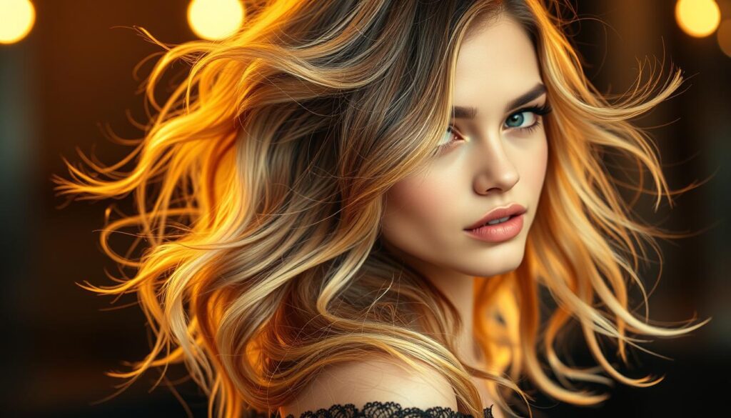 Highlights, balayage, and ombre hair colors swirling in a dynamic, artistic composition. A round-faced model with soft, flattering features poses elegantly, her hair cascading in natural, luminous waves. Soft, warm lighting accentuates the dimensional color play, creating a dreamy, salon-quality aesthetic. The focus is tight, emphasizing the hairstyle's intricate blend of tones and blended lines. The background is blurred, keeping the attention on the model's face and hair. An aspirational, high-fashion editorial style that showcases the versatility and beauty of these hair color techniques for round face shapes. Highlights, balayage, and ombre hair colors swirling in a dynamic, artistic composition. A round-faced model with soft, flattering features poses elegantly, her hair cascading in natural, luminous waves. Soft, warm lighting accentuates the dimensional color play, creating a dreamy, salon-quality aesthetic. The focus is tight, emphasizing the hairstyle's intricate blend of tones and blended lines. The background is blurred, keeping the attention on the model's face and hair. An aspirational, high-fashion editorial style that showcases the versatility and beauty of these hair color techniques for round face shapes.