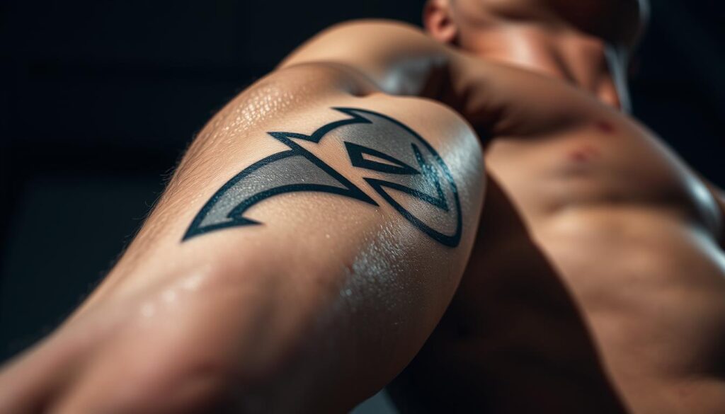 Highly detailed, close-up photograph of a muscular human forearm with a striking and intricate Batman tattoo design. The tattoo features the iconic Batman logo, along with a stylized portrayal of the Caped Crusader's cowl and facial features, rendered in bold black linework and shades of gray. The skin has a slight sheen, suggesting a fresh, just-inked look. The lighting is dramatic, with crisp shadows and highlights that accentuate the contours of the arm and the details of the tattoo. The camera angle is from a low, upward perspective, lending an imposing, powerful presence to the tattoo design. The background is blurred and out of focus, keeping the attention firmly on the striking Batman tattoo.