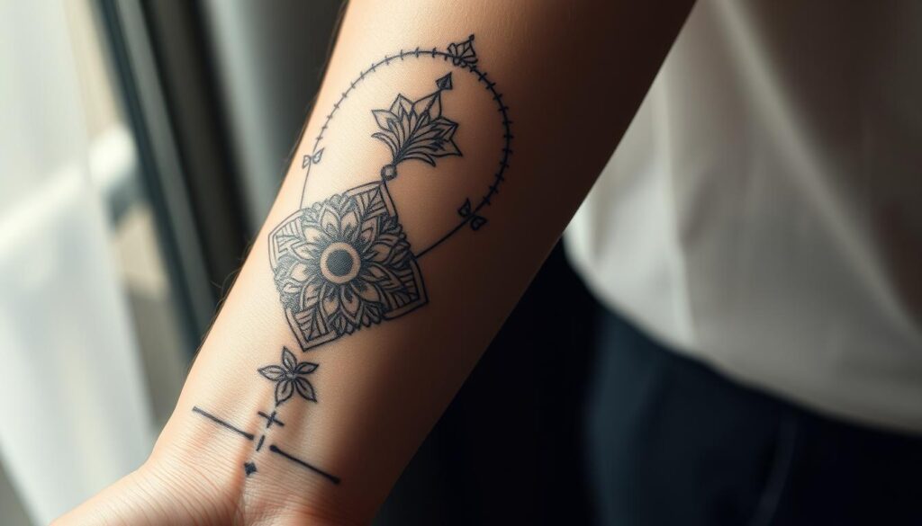 Highly detailed close-up shot of intricate fine line tattoos on a human forearm, with delicate, precise linework depicting intricate geometric patterns, elegant botanical motifs, and minimalist silhouettes. Soft, evenly distributed natural lighting casts gentle shadows, highlighting the fine details and subtle shading. The tattoos appear well-aged, with some minor fading and slight blurring, conveying a sense of time and history. The skin texture is realistic, with subtle imperfections and pores visible. The composition focuses tightly on the tattoo designs, filling the frame and creating a sense of intimacy and emphasis on the craftsmanship.