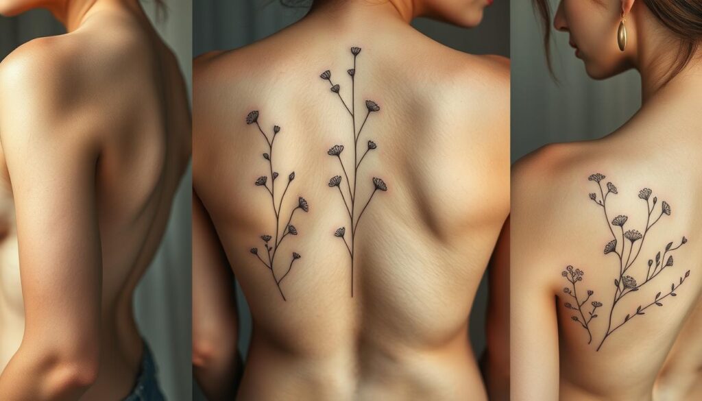 Highly detailed, hyper-realistic nature-inspired tattoo designs featuring a diverse array of small, delicate floral motifs and organic patterns. Intricate line work and soft, muted color palettes create a serene, minimalist aesthetic. Compositions showcase the designs arranged elegantly across the body, with attention to natural contours and flow. Gentle lighting from multiple angles accentuates the fine details and textures, conveying a sense of tranquility and natural beauty. The overall mood is one of refined elegance and understated sophistication.