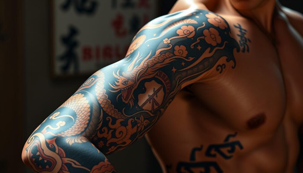 Highly detailed, photorealistic image of a Japanese-style full sleeve tattoo on a muscular male arm. The tattoo features a bold, dynamic composition of traditional Japanese symbols and motifs, including dragons, koi fish, cherry blossoms, and abstract patterns. The tattoo is rendered with intricate linework, vivid colors, and a sense of depth and three-dimensionality. The lighting is dramatic, with strong shadows and highlights accentuating the contours of the arm and the details of the tattoo. The camera angle is a close-up, focusing on the tattoo itself, with a slightly elevated perspective to capture the full length of the sleeve. The background is blurred, placing the emphasis entirely on the powerful and symbolic Japanese tattoo.