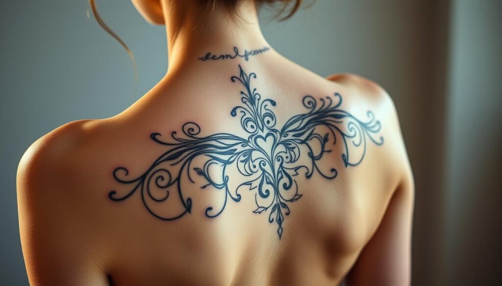 Highly detailed, realistic, and artistic image of a woman's back showcasing an intricate tattoo design. The tattoo is prominently featured, covering the entire upper back area with a captivating, symmetrical pattern of delicate lines, curves, and abstract elements. Soft, diffused lighting from the side creates depth and highlights the intricate details of the tattoo. The model's skin has a flawless, luminous quality, and the angle emphasizes the graceful slope of the shoulders. The background is blurred and minimalist, allowing the tattoo to be the focal point. The overall mood is one of elegant sophistication and the allure of body art.