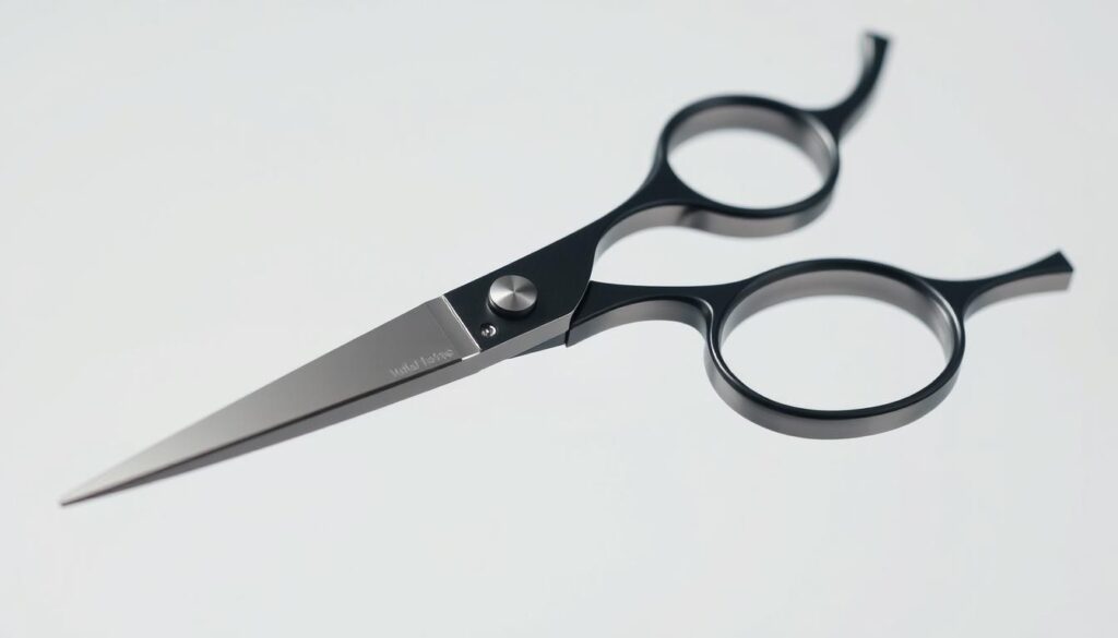 Highly detailed, realistic, high-quality image of a pair of professional haircutting scissors with a stainless steel blade and sharp, precisely engineered edges. The scissors are showcased against a clean, minimalist background, perfectly lit to highlight their sleek, modern design and superior craftsmanship. The image captures the essential features that contribute to the scissors' exceptional cutting performance, conveying a sense of quality, precision, and the importance of using the right tools for a perfect haircut. Highly detailed, realistic, high-quality image of a pair of professional haircutting scissors with a stainless steel blade and sharp, precisely engineered edges. The scissors are showcased against a clean, minimalist background, perfectly lit to highlight their sleek, modern design and superior craftsmanship. The image captures the essential features that contribute to the scissors' exceptional cutting performance, conveying a sense of quality, precision, and the importance of using the right tools for a perfect haircut.