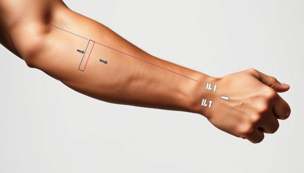 Highly detailed technical illustration of military tattoo placement guidelines, showcased on a close-up view of a male model's forearm and wrist. The skin tone is realistic and lifelike, with subtle textures and blemishes. The tattoo guidelines are displayed with precise, clean lines and minimal colors, emphasizing the informational nature of the image. The background is plain and uncluttered, allowing the subject to be the focal point. Soft, directional lighting from the left side casts subtle shadows, enhancing the three-dimensional effect. The overall mood is informative and educational, suitable for a military policy guide. Highly detailed technical illustration of military tattoo placement guidelines, showcased on a close-up view of a male model's forearm and wrist. The skin tone is realistic and lifelike, with subtle textures and blemishes. The tattoo guidelines are displayed with precise, clean lines and minimal colors, emphasizing the informational nature of the image. The background is plain and uncluttered, allowing the subject to be the focal point. Soft, directional lighting from the left side casts subtle shadows, enhancing the three-dimensional effect. The overall mood is informative and educational, suitable for a military policy guide.