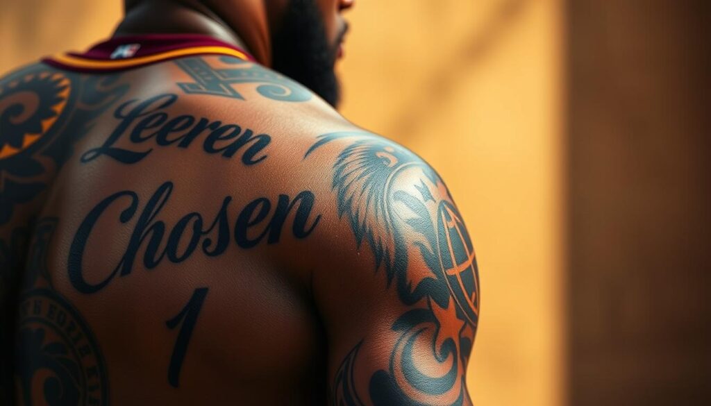 Hyper-realistic close-up of LeBron James' iconic tattoo designs, captured with a high-resolution camera lens in natural lighting. The foreground showcases intricate details of his famous tattoos, including the words "Chosen 1" on his back, a lion's head on his shoulder, and various script and symbolic elements. The middle ground blurs into a warm, muted background, creating a sense of focus and depth. The overall composition highlights the artistry and personal significance of LeBron's extensive tattoo collection, conveying a sense of reverence and admiration for his unique body art.