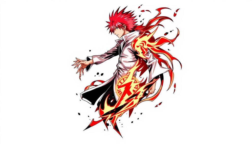 Illustrate a Bleach tattoo featuring Ichigo Kurosaki's Bankai form.
