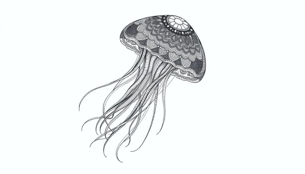 Illustrate a dotwork jellyfish tattoo with intricate patterns and shading.