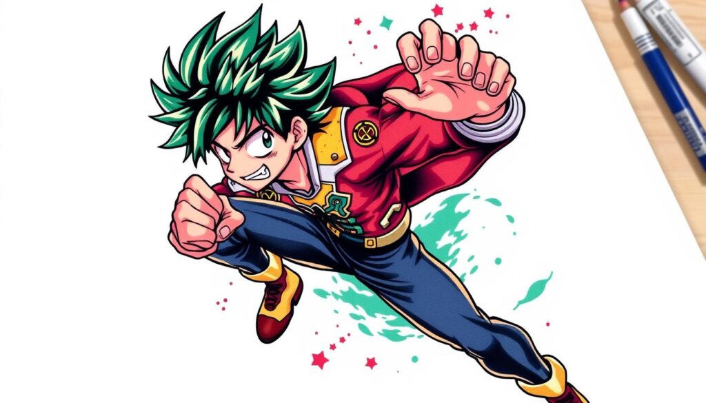 Illustrate a tattoo featuring Izuku Midoriya in action from My Hero Academia.