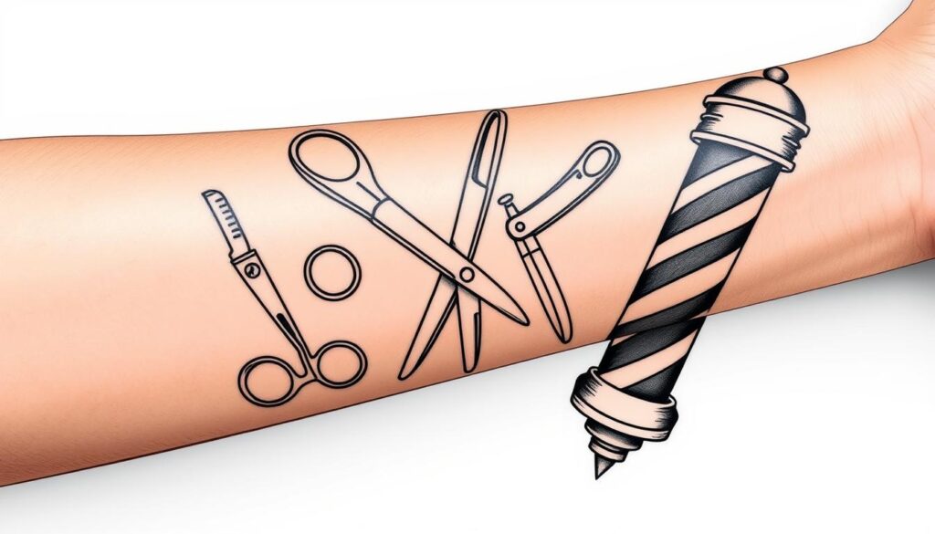 Image of a barber-themed tattoo on a forearm