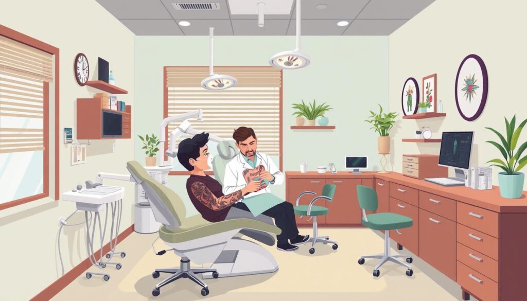 Image of a dentist's office with a dentist specializing in tooth tattoos