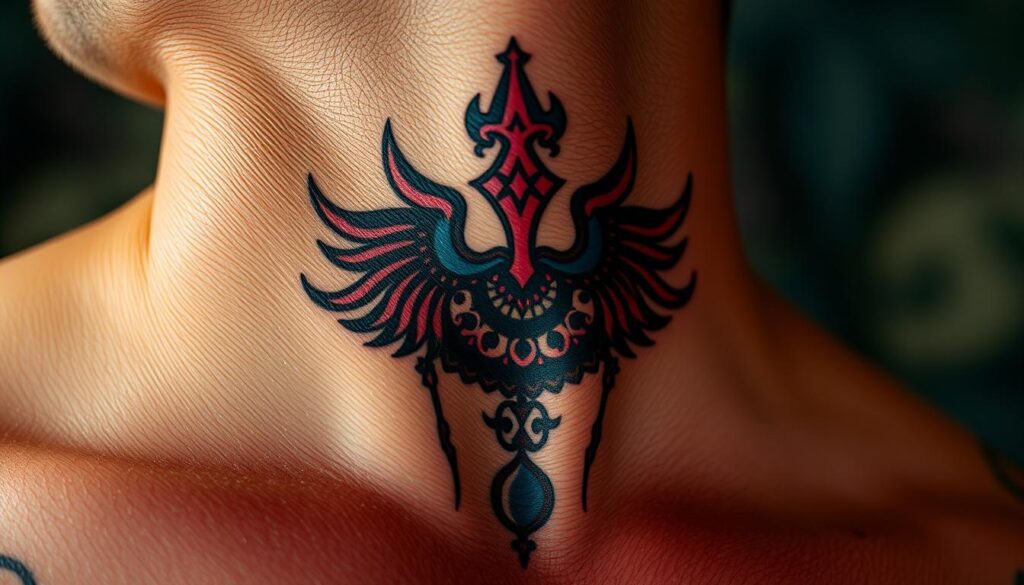 Image of a man's back neck tattoo with a symbolic design