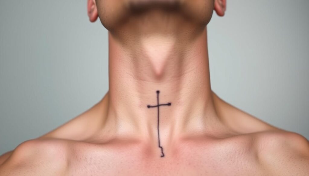 Image of a man's front neck tattoo with a minimalist design