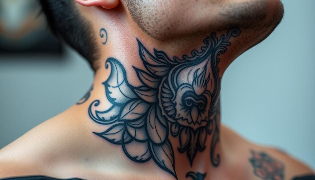 Image of a man's full neck tattoo with a cohesive design