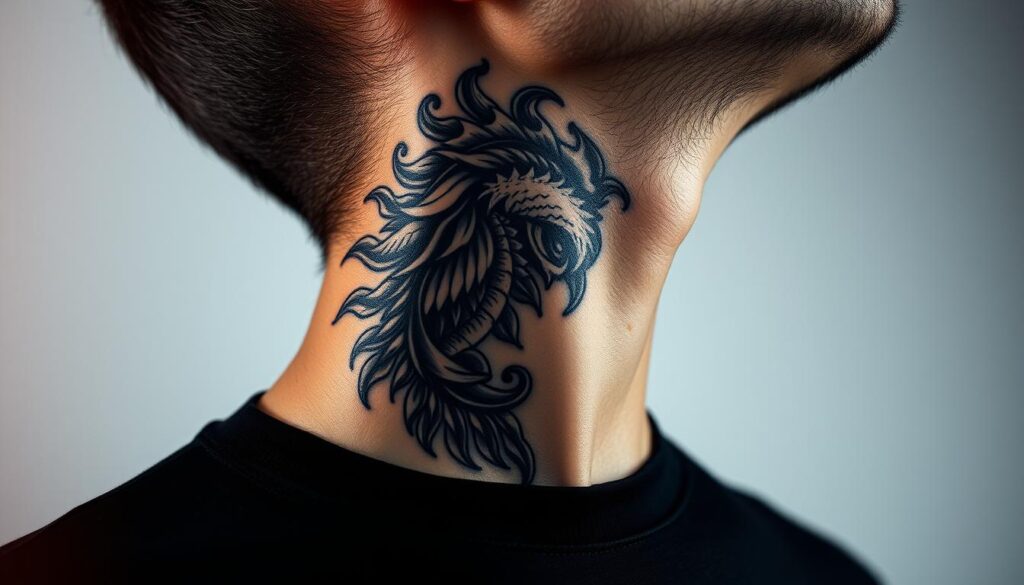 Image of a man's side neck tattoo with a detailed design