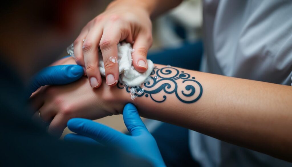 Image of a person gently washing their tattoo with soap and water