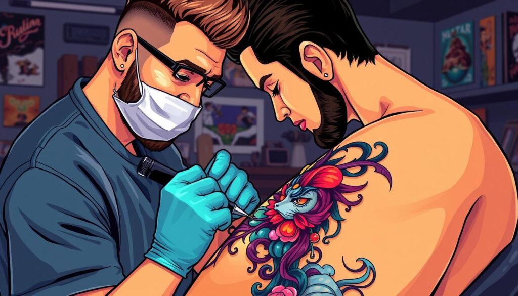 Image of a tattoo artist working on a colorful tattoo design