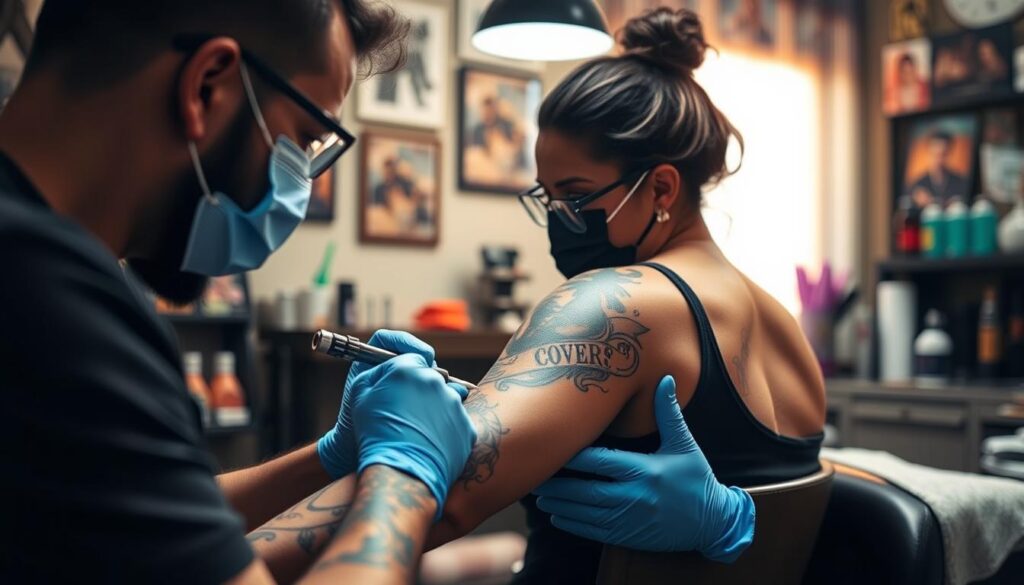 Image of a tattoo artist working on a cover-up tattoo