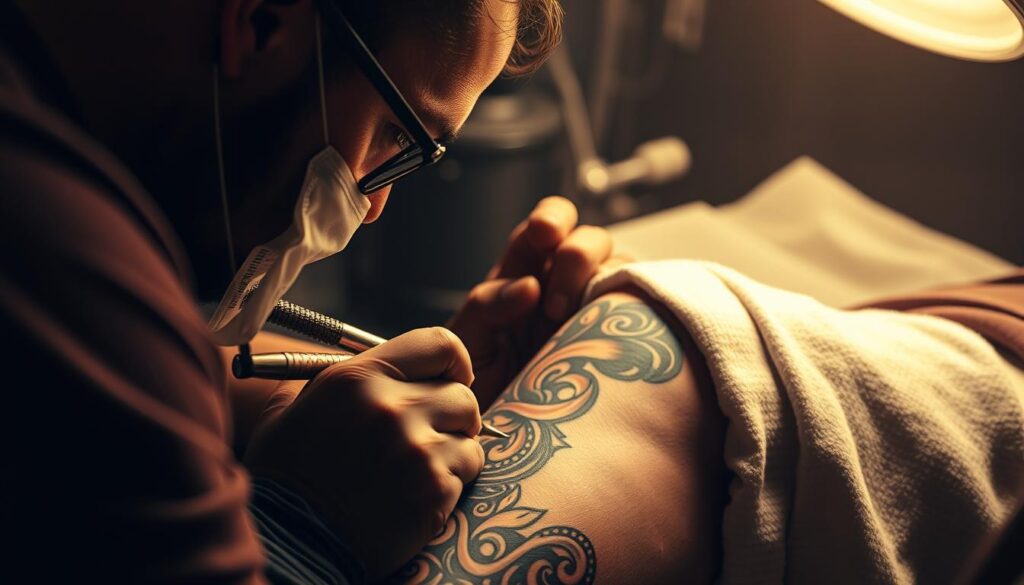 Image of a tattoo artist working on a knee tattoo