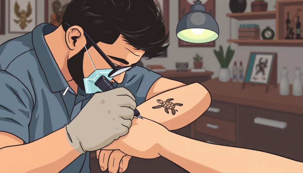 Image of a tattoo artist working on a small, detailed turtle design on a client's arm.