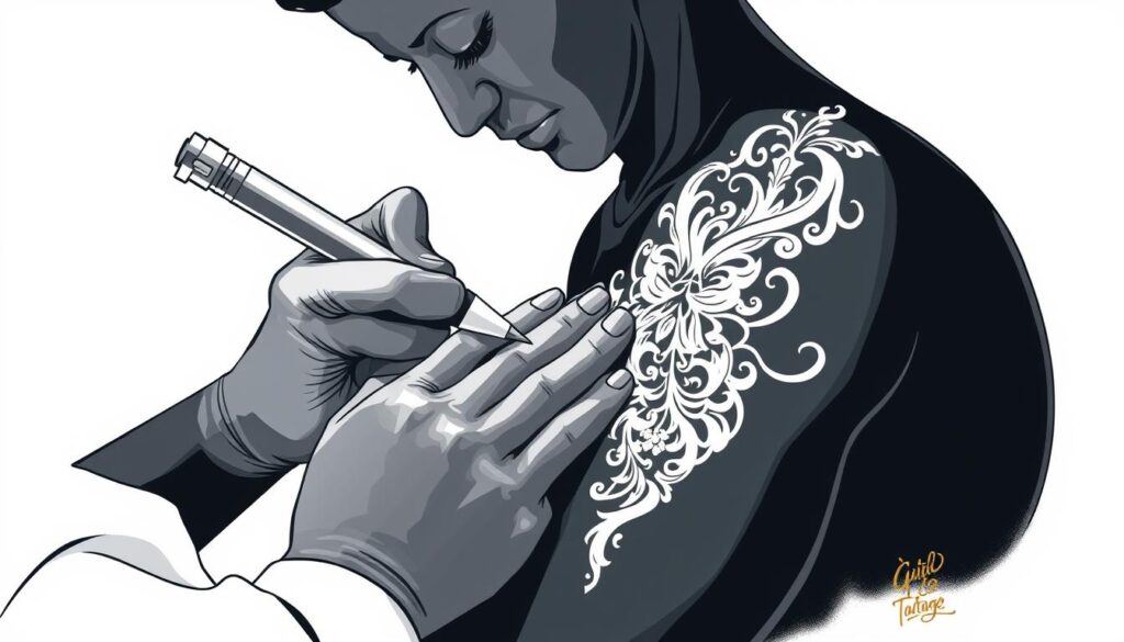 Image of a tattoo artist working on a white ink tattoo on dark skin