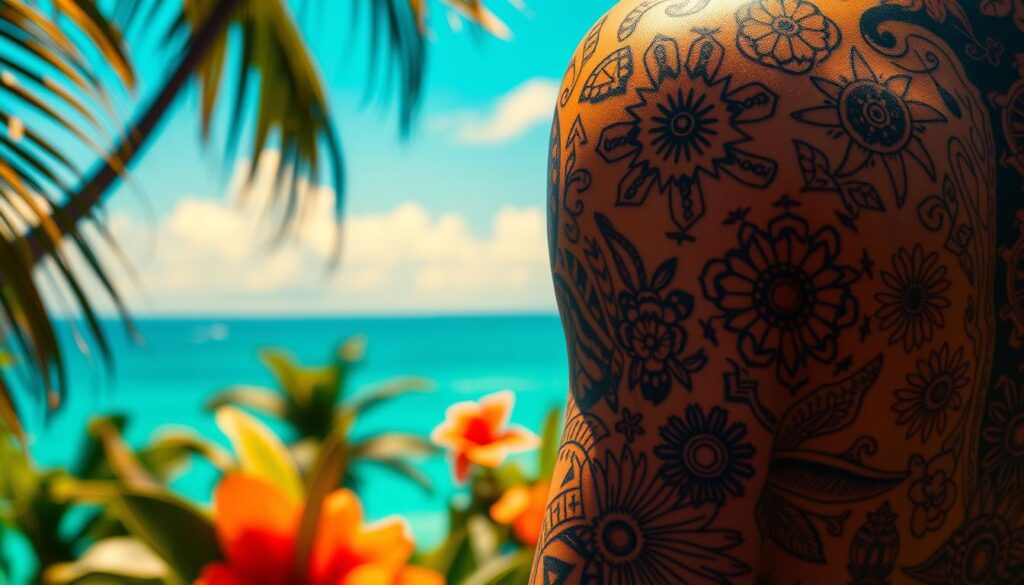 Intricate Hawaiian tattoo patterns and symbols adorning a vibrant tropical background. Detailed linework depicting traditional motifs like waves, flowers, and geometric shapes in a bold, dynamic composition. Warm, golden lighting casts a natural, sun-kissed glow, while a slightly low camera angle emphasizes the bold, statement-making nature of the tattoo design. The overall mood is one of cultural heritage, spiritual significance, and a sense of adventure and self-expression.
