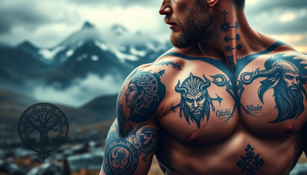 Intricate Norse mythology tattoos adorn the skin of a muscular warrior, their bold lines and intricate designs dancing across the foreground. The inked images depict powerful symbols such as Yggdrasil, the World Tree, Mjolnir, Thor's mighty hammer, and the runes of ancient wisdom. The middle ground features additional tattoos honoring the pantheon of Norse gods - Odin, Freya, Loki - their faces etched in ink with a sense of mysticism and reverence. In the background, a moody, atmospheric setting evokes the rugged landscapes of Scandinavia, with mist-shrouded mountains and the faint glow of the Northern Lights. The overall composition radiates a sense of strength, heritage, and the enduring power of these legendary tales.