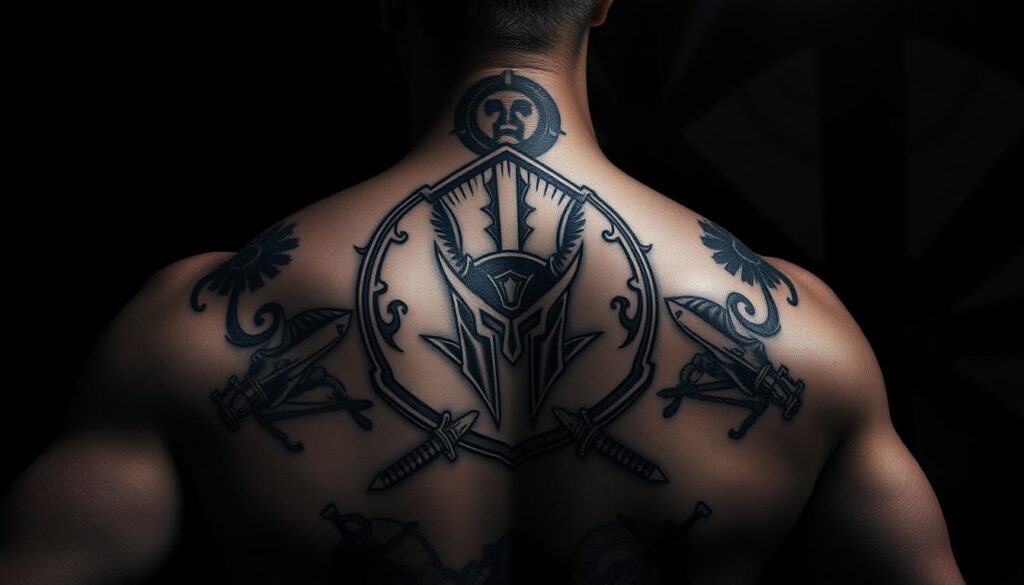 Intricate Spartan warrior tattoo designs, showcasing the iconic Spartan helmet, shield, and swords. Detailed line work and shading create a bold, powerful aesthetic. The tattoos are displayed against a moody, dramatic backdrop, with dramatic chiaroscuro lighting casting dramatic shadows. The overall mood is one of stoic determination and uncompromising strength, reflecting the legendary Spartan warrior spirit. The tattoos are the focal point, depicted with precision and artistry to capture the essence of Spartan culture and symbolism.