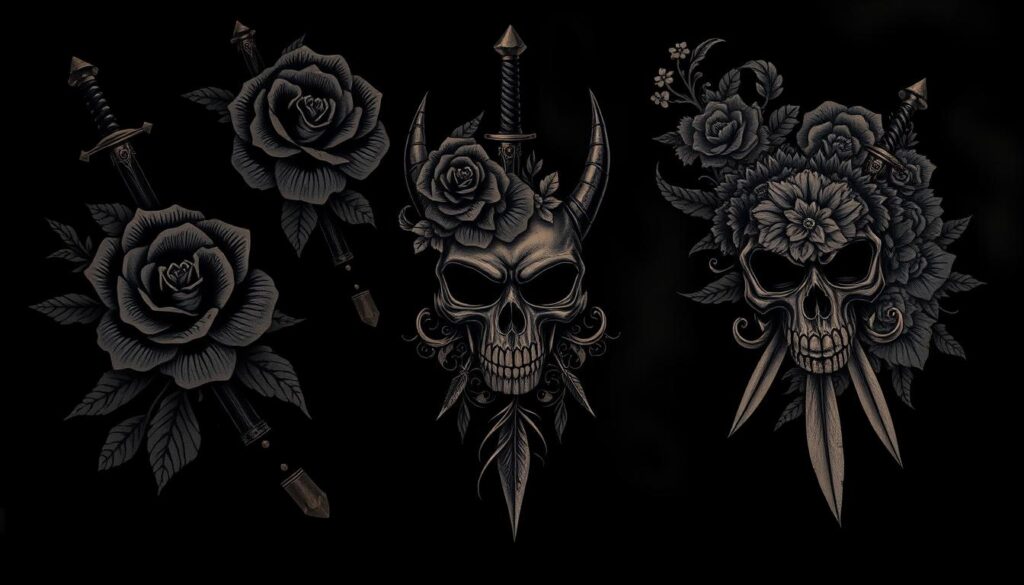 Intricate baddie tattoo designs on a dark, moody background. Prominently featured are bold, striking ink patterns - elegant floral motifs intertwined with razor-sharp daggers, iconic skulls, and fierce animal imagery. The designs are imbued with a sense of power and defiance, exuding an edgy, rebellious vibe. Dramatic chiaroscuro lighting casts dramatic shadows, highlighting the depth and complexity of the tattoos. The overall atmosphere is gritty, cinematic, and evocative of the baddie aesthetic - a fusion of beauty and danger, grace and grit.