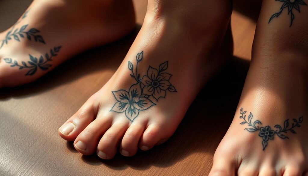 Intricate foot tattoo designs, delicate floral patterns, and minimalist line art, all captured in a close-up, high-resolution image. The tattoos are displayed on a smooth, tanned skin surface, highlighting the intricate details and artistry. The lighting is soft and diffused, creating a serene, elegant atmosphere. The composition emphasizes the various tattoo styles and placements, showcasing a range of options for the "Choosing the Perfect Foot Tattoo Design" section. The image radiates a sense of inspiration and artistic expression, inviting the viewer to explore the diverse possibilities for a foot tattoo.