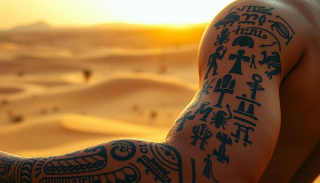 Intricate hieroglyphic patterns adorn the foreground, a tapestry of ancient Egyptian symbolism - cobras, ankhs, and scarabs meticulously etched into the skin. The middle ground showcases a muscular arm, the tattoo blending seamlessly with the model's tanned, weathered complexion, radiating an aura of timeless cultural heritage. In the background, a hazy desert landscape unfolds, the setting sun casting a warm, golden glow, evoking the timeless mystique of the Nile Valley. Dramatic lighting accentuates the contours of the tattoo, creating a sense of depth and dimension, while a cinematic depth of field blurs the edges, drawing the viewer's focus to the central design. The overall mood is one of reverence, a modern interpretation of an ancient protective tradition.
