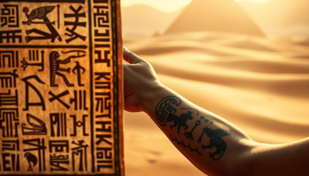 Intricate hieroglyphic patterns adorn the foreground, symbolizing the rich cultural heritage of ancient Egypt. In the middle ground, a person's arm is depicted, showcasing a series of detailed, traditional Egyptian tattoos that hold deep spiritual and ancestral significance. The background features a serene desert landscape, with warm, golden lighting casting a reverent, timeless atmosphere. The entire scene conveys the profound cultural considerations and reverence that should be observed when seeking to honor Egyptian traditions through body art.