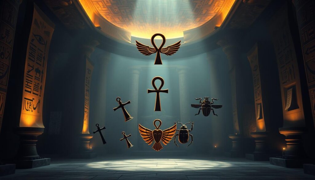 Intricate hieroglyphic symbols float in an ethereal, dimly lit Egyptian temple chamber. Ornate papyrus scrolls and ancient stone carvings adorn the walls, casting soft, warm lighting across the scene. In the foreground, a collection of powerful protective amulets and talismans - the ankh, the eye of Horus, the scarab beetle - hover in a mystical arrangement, their mystic energy palpable. The overall atmosphere is one of reverence, mystery, and the enduring power of these sacred symbols to ward off evil and bestow divine favor.